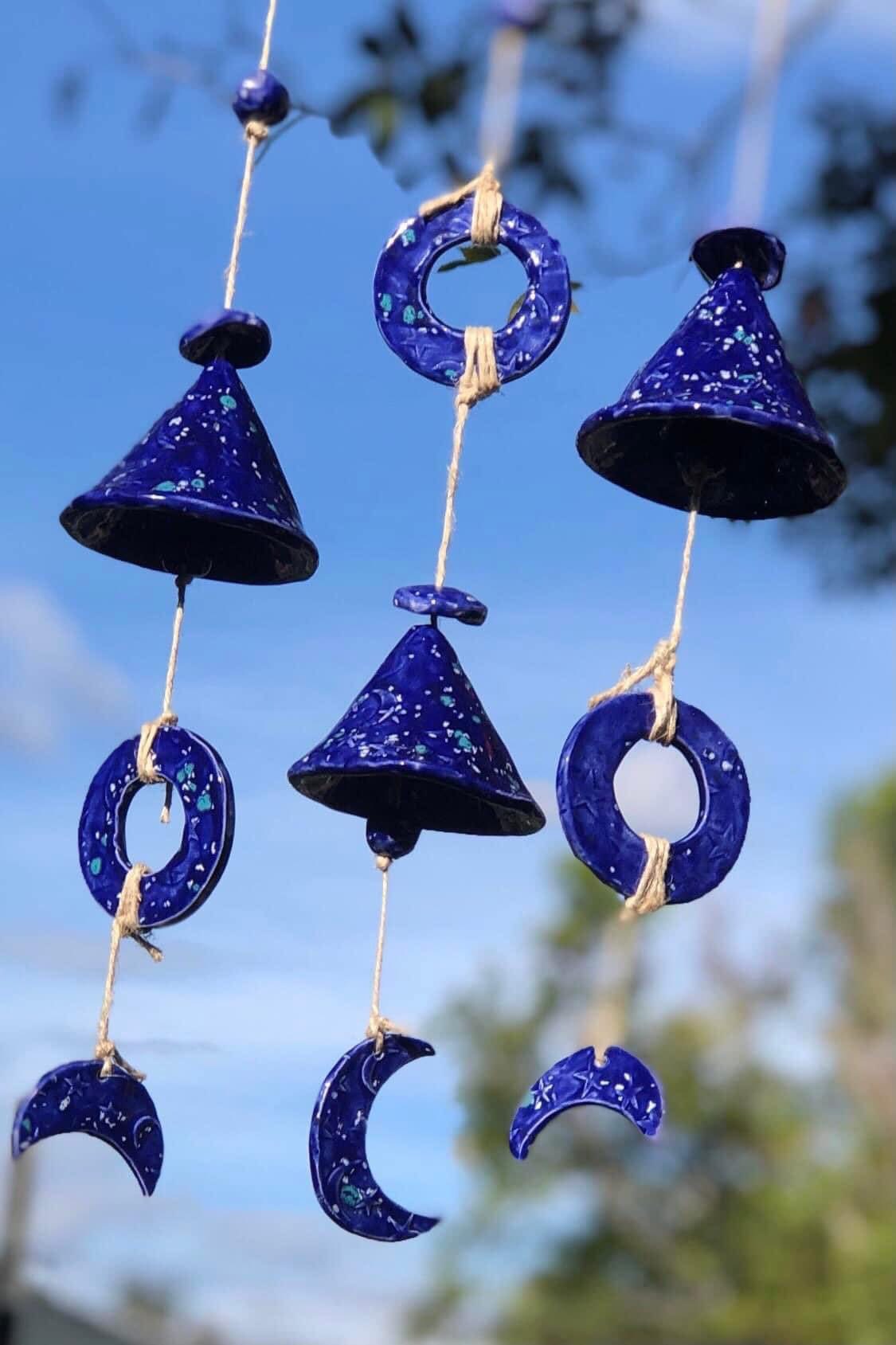 Cobalt ceramic moon and bell chimes