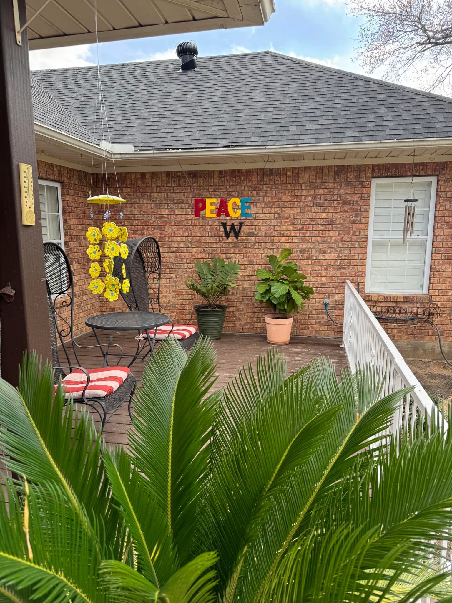 Colorful pottery display on a patio